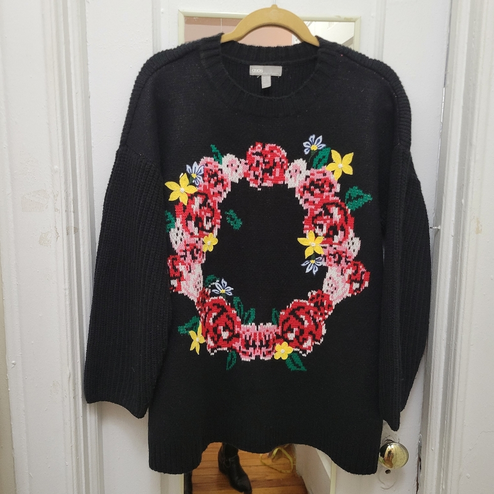 ASOS DESIGN Knit Floral Wreath Sweater - Black/Red Roses Grandmacore Cottagecore